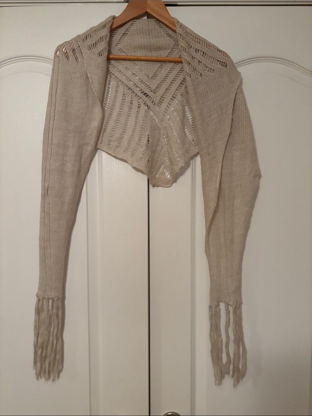 Free People Cream Open-Knit Fringe Shrug